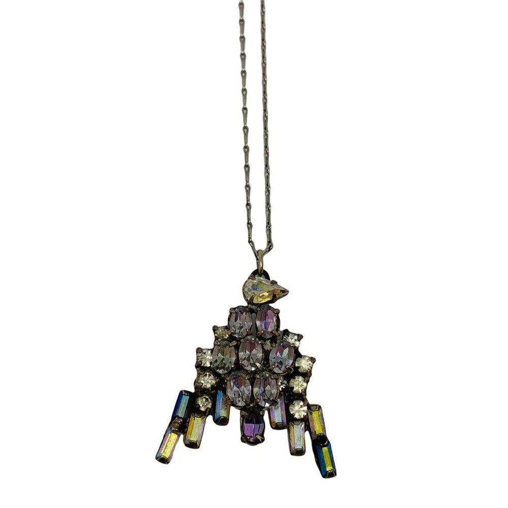 Vintage Rhinestone Necklace Multi Colored Bird Pendant